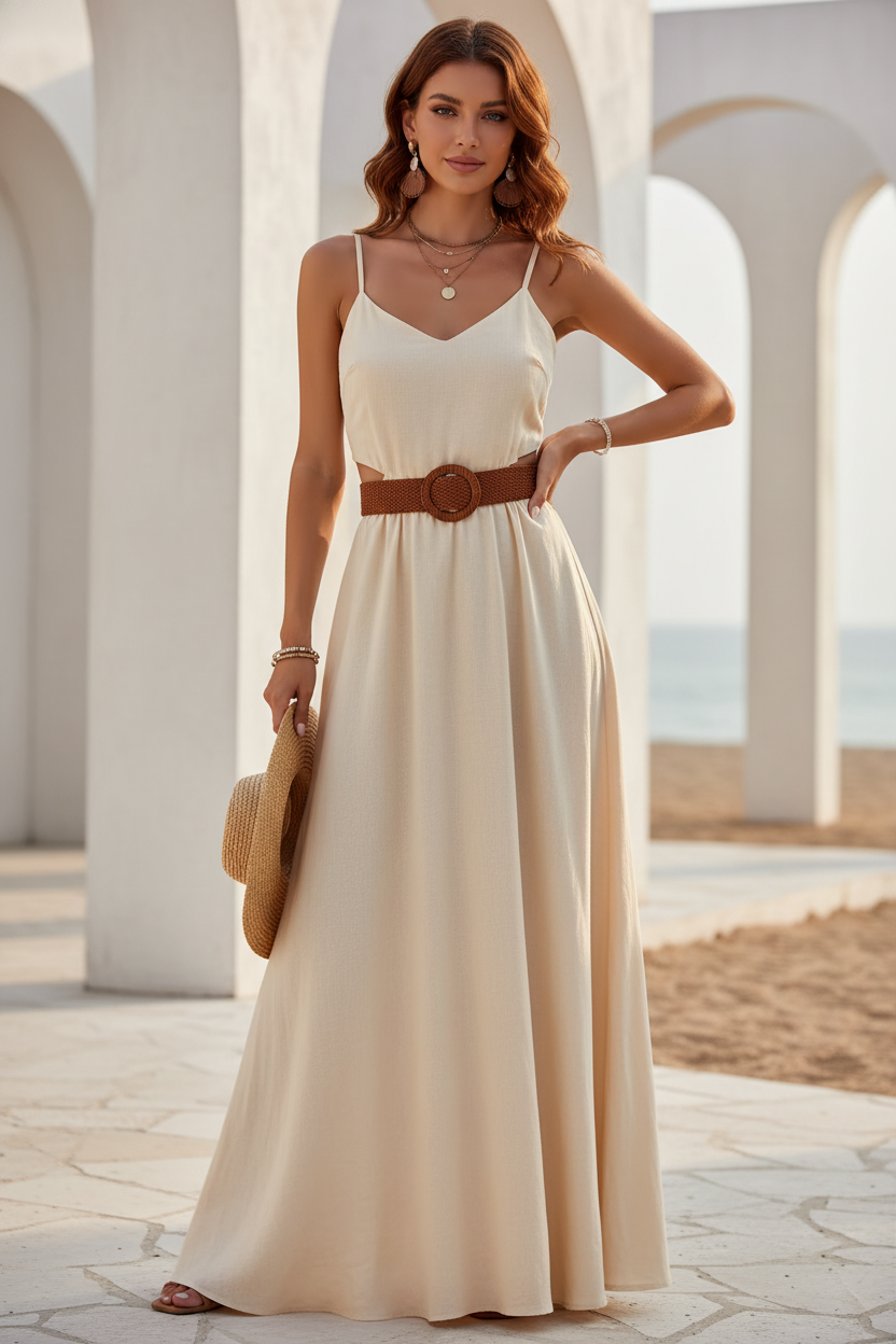 Woman in an elegant, flowing summer dress with relaxed silhouettes and neutral tones, in a luxurious coastal setting.
