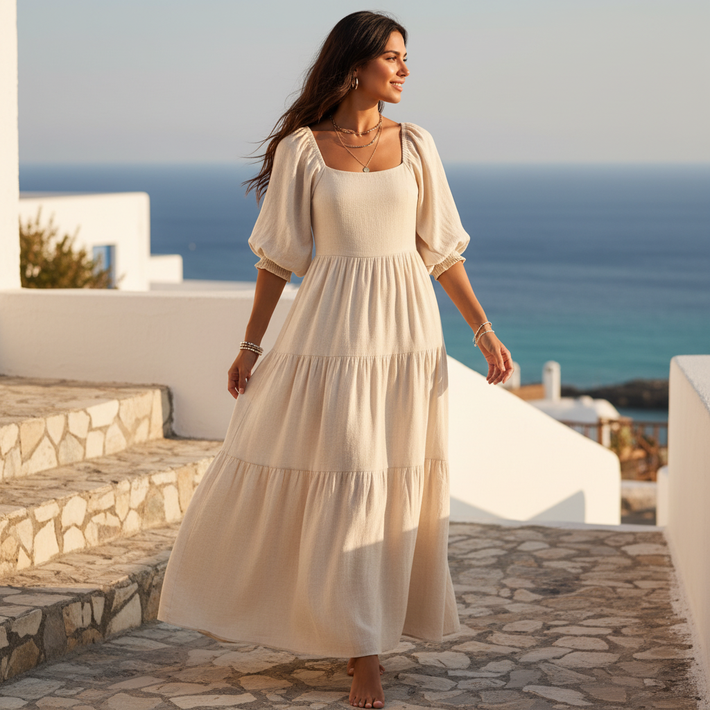 A woman wearing the 'ELVÉRIA' flowing dress, standing on a Mediterranean coast, with a soft, sun-drenched aesthetic.