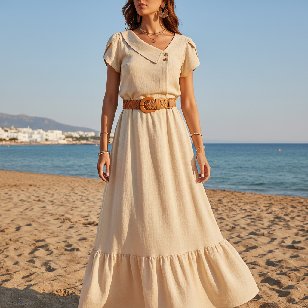 A woman in a flowing ELVÉRIA dress poses candidly on a sunny Mediterranean coast, embodying elegant summer fashion.