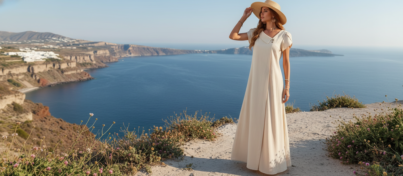 Woman in a flowing neutral-toned dress on a coastal path overlooking the Mediterranean Sea, embodying summer elegance.